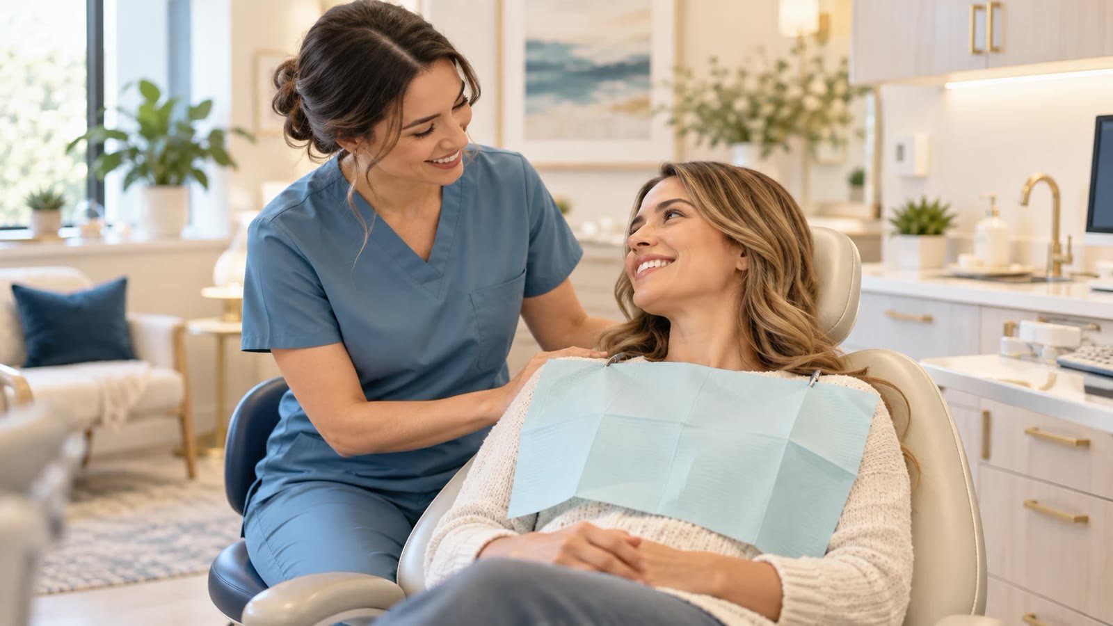 A friendly dental hygienist reassuring a relaxed, smiling patient in a bright, welcoming dental office