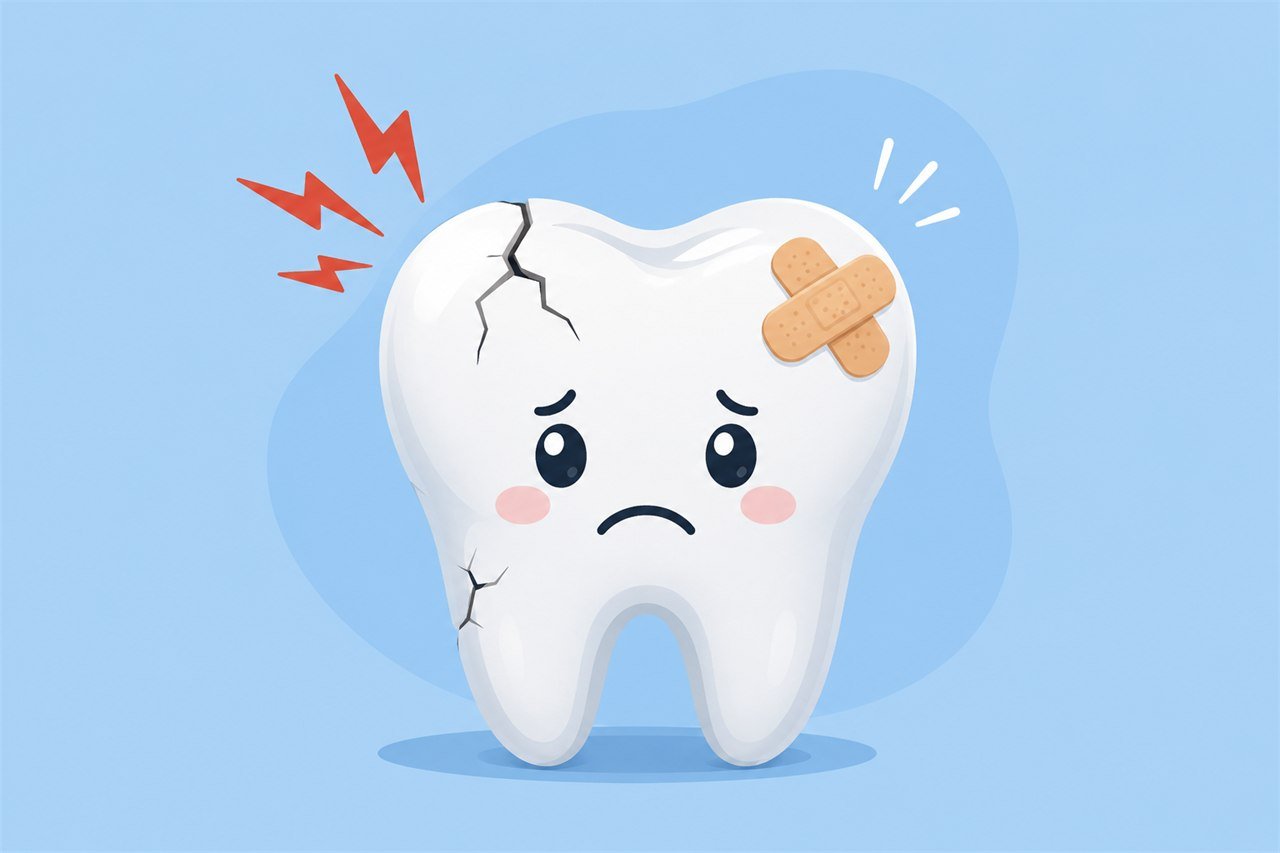 Illustration of a cracked, bandaged tooth with pain marks, representing a dental emergency