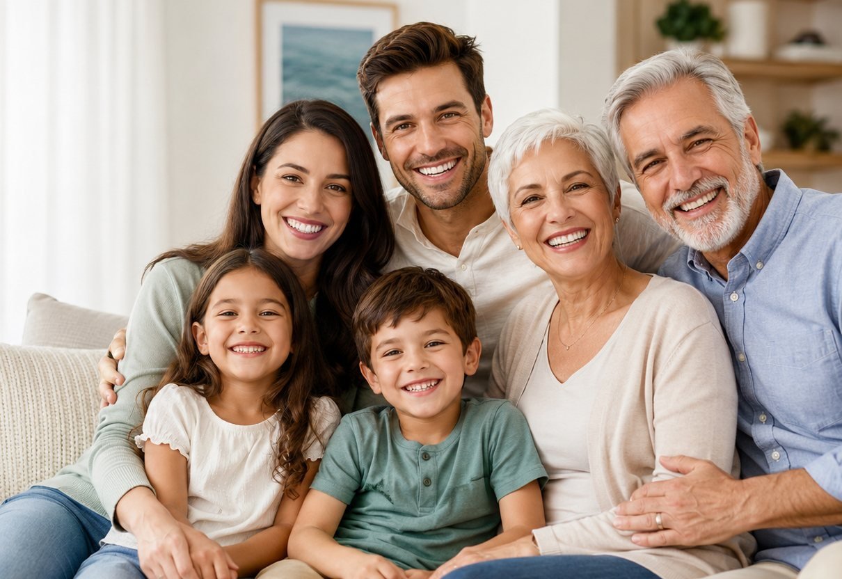 Three generations of a smiling family together on a living-room couch